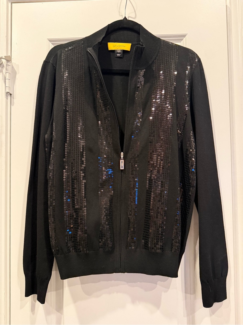 St. John Black Sequin Zip-Front Sweater